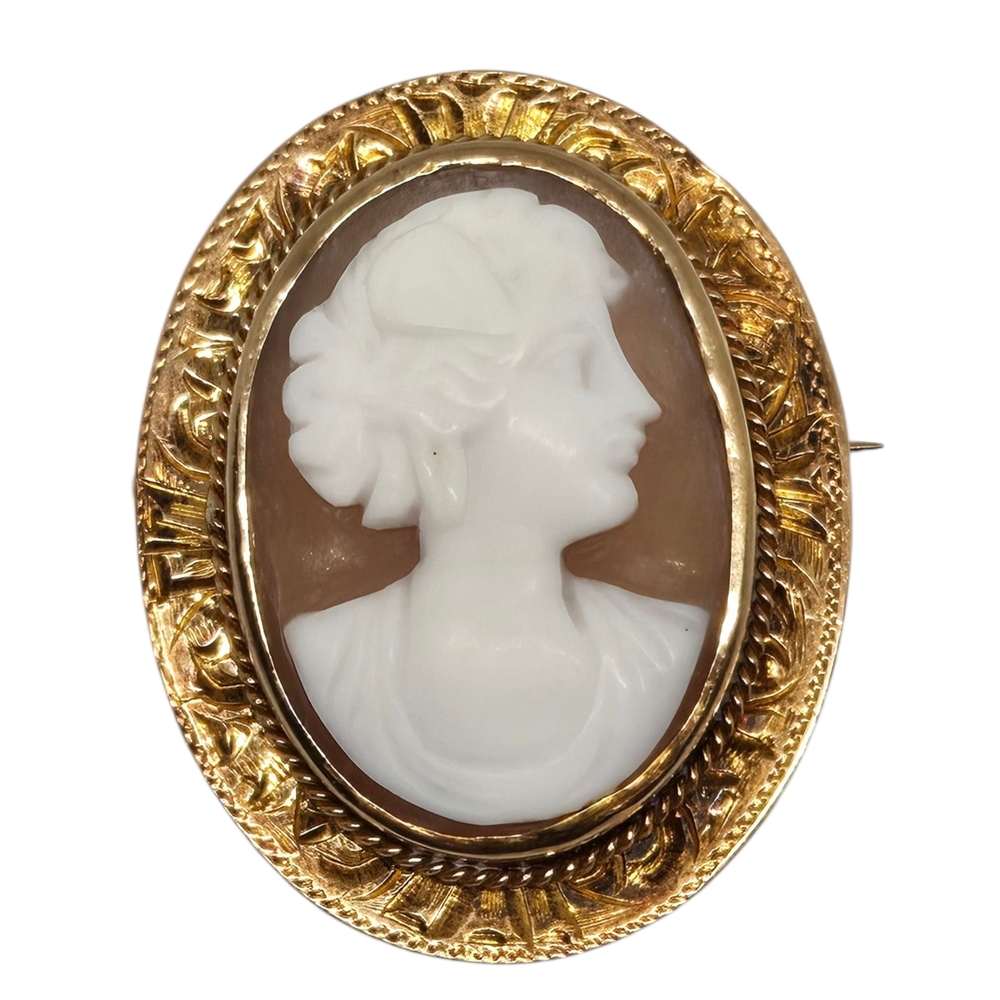 10K Yellow SOLID Gold Cameo Brooch